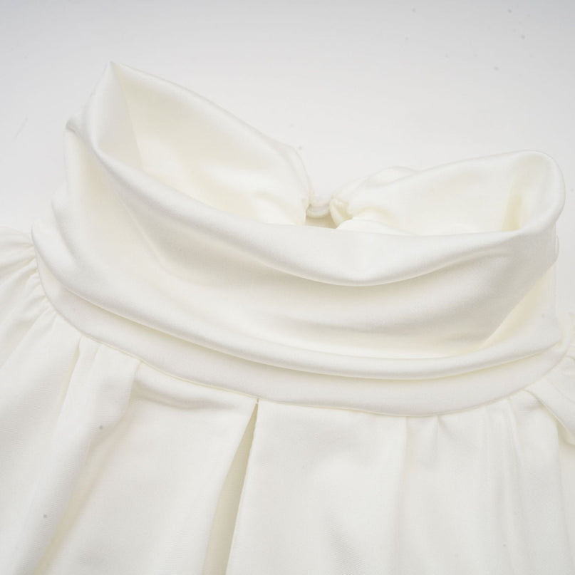 Silvana White Mini Dress Faux Flower Ruched Cut-Out Cotton Polyester Thigh-Length Mock Neck Long Sleeves Buttoned Cuffs Rear Button Fastening Sophisticated Occasion Modern Twist Classic Silhouette Fashion-Forward Luxury