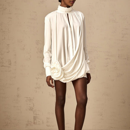 Silvana White Mini Dress Faux Flower Ruched Cut-Out Cotton Polyester Thigh-Length Mock Neck Long Sleeves Buttoned Cuffs Rear Button Fastening Fashion-Forward Luxury