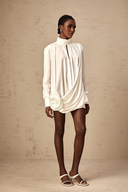 Silvana White Mini Dress Faux Flower Ruched Cut-Out Cotton Polyester Thigh-Length Mock Neck Long Sleeves Buttoned Cuffs Rear Button Fastening Fashion-Forward Luxury