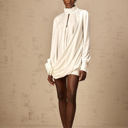 Silvana White Mini Dress Faux Flower Ruched Cut-Out Thigh-Length Mock Neck Long Sleeves Rear Button Fastening