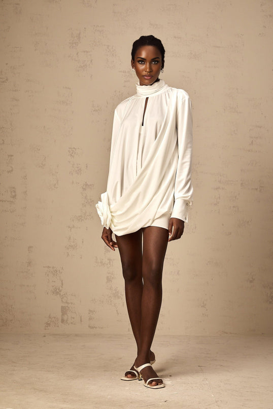 Silvana White Mini Dress Faux Flower Ruched Cut-Out Thigh-Length Mock Neck Long Sleeves Rear Button Fastening