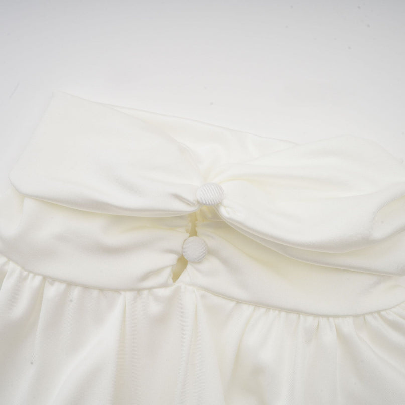 Silvana White Mini Dress Faux Flower Ruched Cut-Out Thigh-Length Mock Neck Long Sleeves Rear Button Fastening