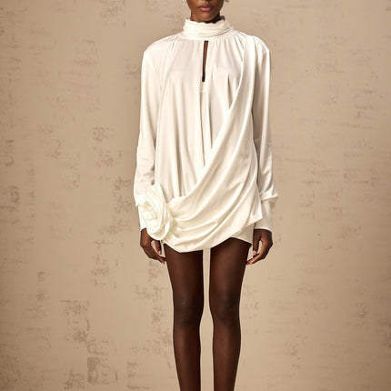Silvana White Mini Dress with Faux Flower and Ruched Cut-Out Details