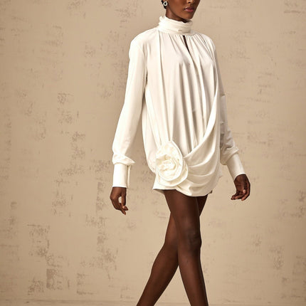 Silvana White Mini Dress Faux Flower Ruched Cut-Out Thigh-Length Mock Neck Long Sleeves Buttoned Cuffs Rear Button Fastening Luxury Blend Cotton Polyester Chic Sophisticated Modern Fashion Forward Elegant Timeless Must-Have