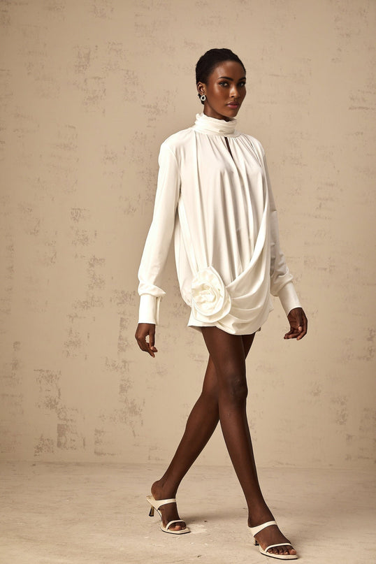 Silvana White Mini Dress Faux Flower Ruched Cut-Out Thigh-Length Mock Neck Long Sleeves Buttoned Cuffs Rear Button Fastening Luxury Blend Cotton Polyester Chic Sophisticated Modern Fashion Forward Elegant Timeless Must-Have