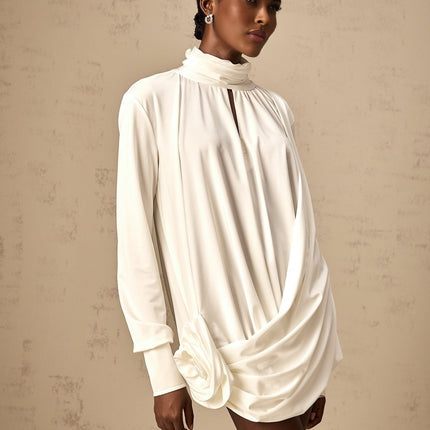 Silvana White Mini Dress with Faux Flower and Ruched Cut-Out Details