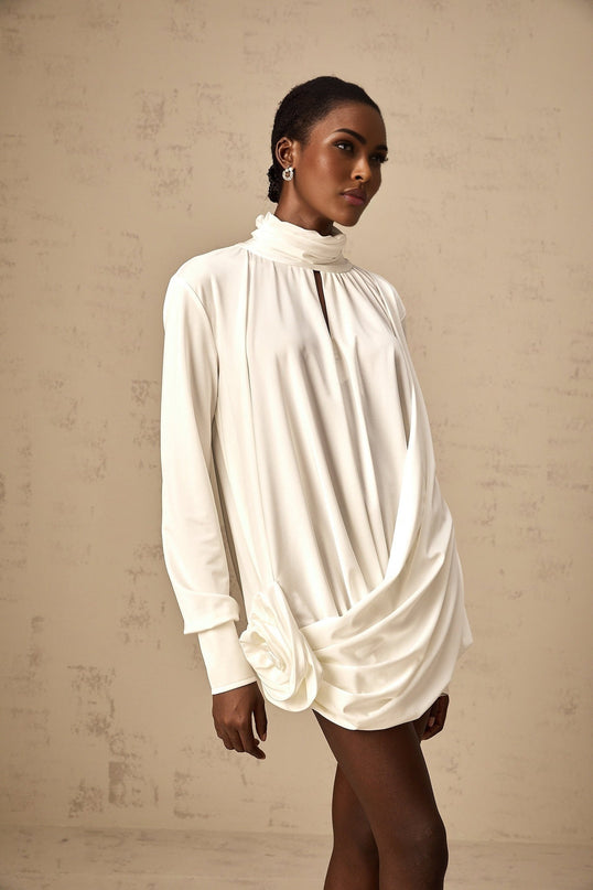 Silvana White Mini Dress with Faux Flower and Ruched Cut-Out Details