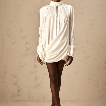 Silvana White Mini Dress with Faux Flower and Ruched Cut-Out Details