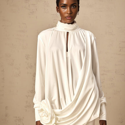Silvana White Mini Dress with Faux Flower and Ruched Cut-Out Details