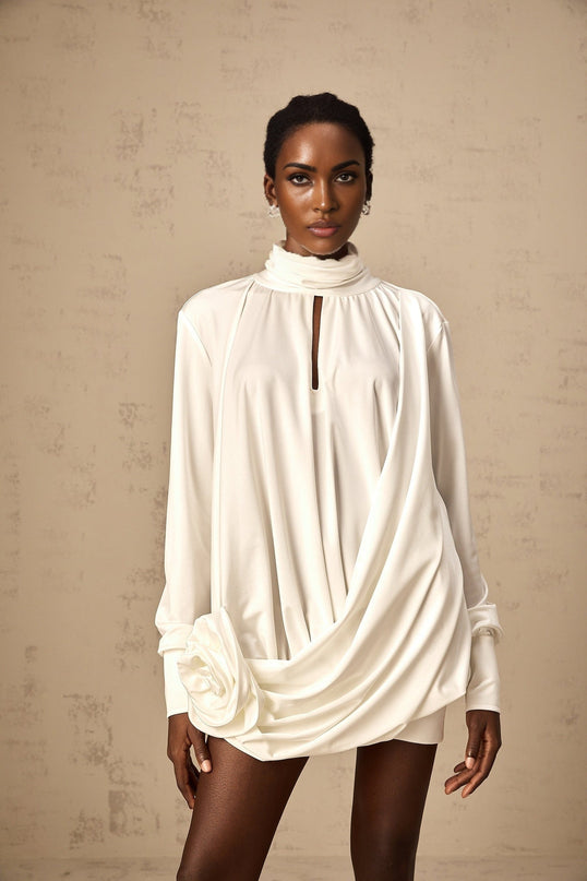 Silvana White Mini Dress with Faux Flower and Ruched Cut-Out Details