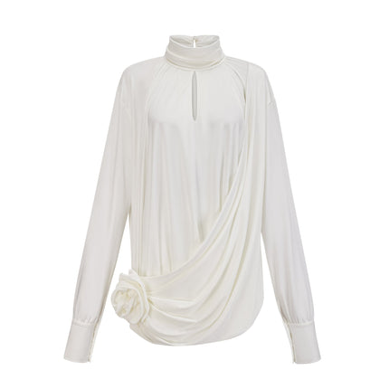 Silvana White Mini Dress Faux Flower Ruched Cut-Out Mock Neck Long Sleeves Thigh-Length Rear Button Fastening