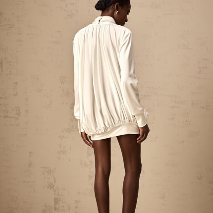 Silvana White Mini Dress Faux Flower Ruched Cut-Out Thigh-Length Mock Neck Long Sleeves Rear Button Fastening