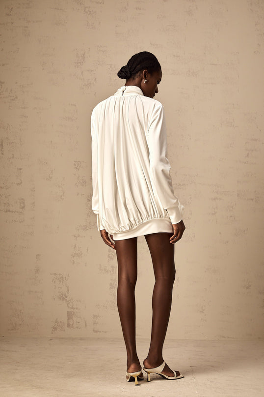 Silvana White Mini Dress Faux Flower Ruched Cut-Out Thigh-Length Mock Neck Long Sleeves Rear Button Fastening