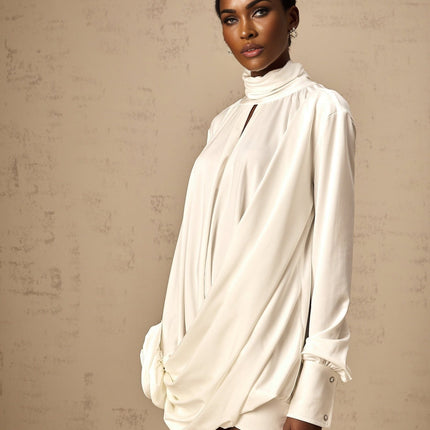 Silvana White Mini Dress Faux Flower Ruched Cut-Out Cotton Polyester Thigh-Length Mock Neck Long Sleeves Buttoned Cuffs Rear Button Fastening