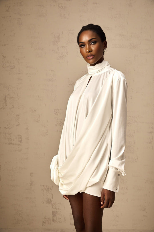 Silvana White Mini Dress Faux Flower Ruched Cut-Out Cotton Polyester Thigh-Length Mock Neck Long Sleeves Buttoned Cuffs Rear Button Fastening