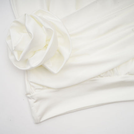 Silvana White Mini Dress Faux Flower Ruched Cut-Out Cotton Polyester Thigh-Length Mock Neck Long Sleeves Buttoned Cuffs Rear Button Fastening Fashion Forward Luxury