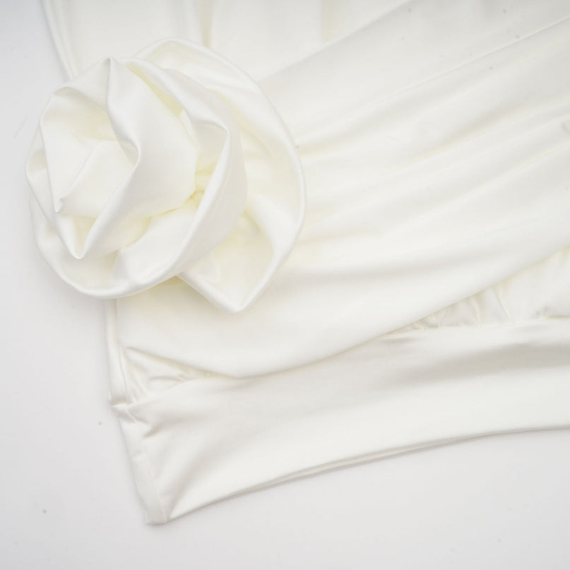Silvana White Mini Dress Faux Flower Ruched Cut-Out Cotton Polyester Thigh-Length Mock Neck Long Sleeves Buttoned Cuffs Rear Button Fastening Fashion Forward Luxury