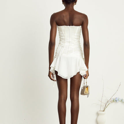 Silvana White Strapless Tulle Flounce Hem Mini Dress