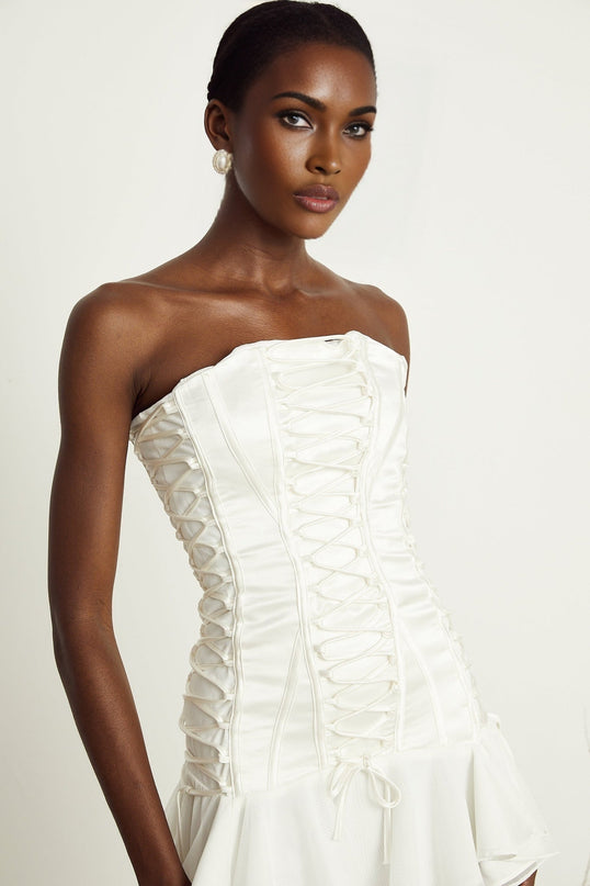 Silvana White Strapless Tulle Flounce Hem Mini Dress