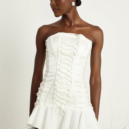 Silvana White Strapless Tulle Flounce Hem Mini Dress