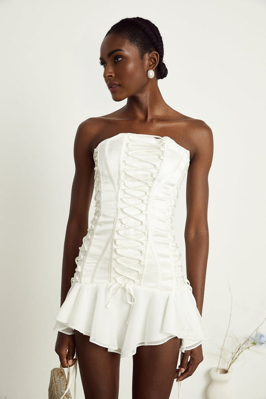 Silvana White Strapless Tulle Flounce Hem Mini Dress