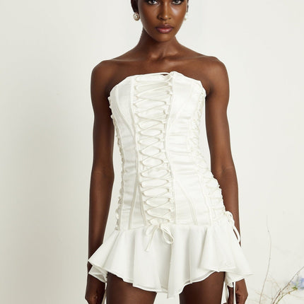 Silvana White Strapless Tulle Mini Dress with Flounce Hem and Lace-Up Fastening
