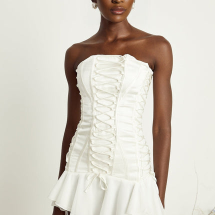 Silvana White Strapless Tulle Mini Dress with Flounce Hem and Lace-Up Fastening