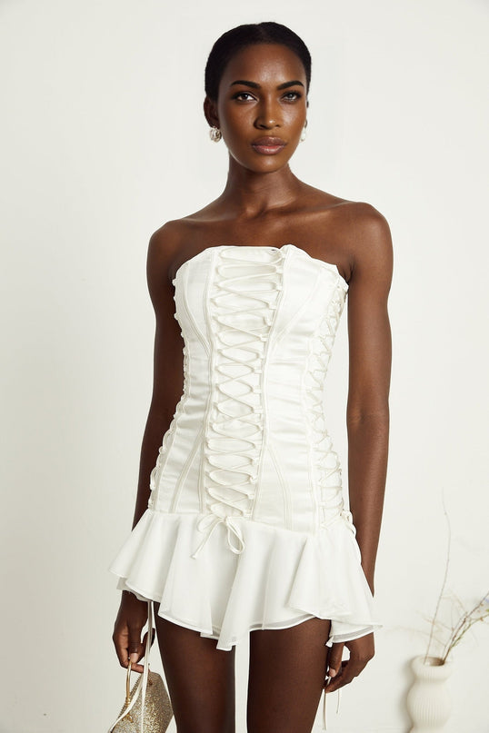 Silvana White Strapless Tulle Mini Dress with Flounce Hem and Lace-Up Fastening
