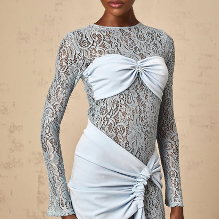 Silvestra Blue Lace Ruched Ribbon Mini Dress