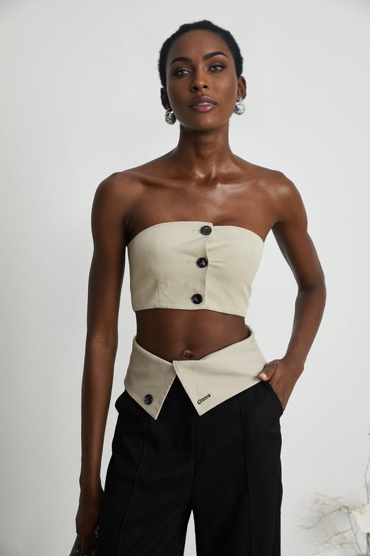 Silvestra Bustier Top & Panelled Trousers Set in Neutrals & Black