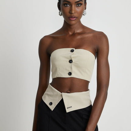Silvestra Neutrals & Black Bustier Top Panelled Trousers Set 100% Polyester
