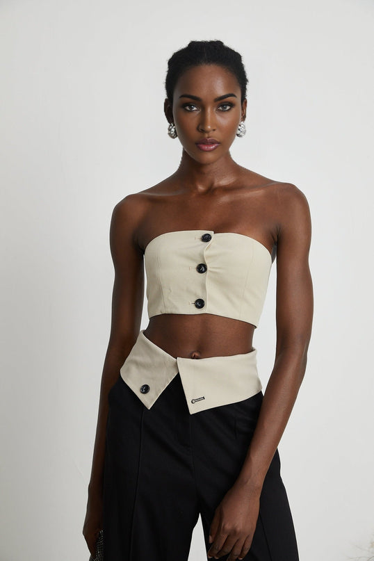 Silvestra Neutrals & Black Bustier Top Panelled Trousers Set 100% Polyester