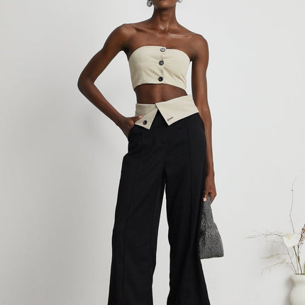 Silvestra Neutrals & Black Bustier Top Panelled Trousers Set 100 Percent Polyester