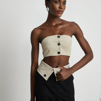 Silvestra Neutrals & Black Bustier Top Panelled Trousers Set 100% Polyester