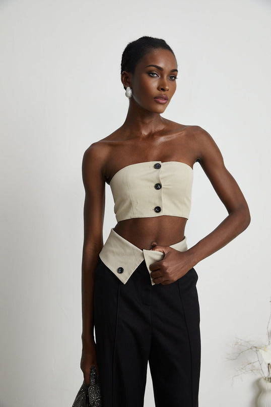 Silvestra Neutrals & Black Bustier Top Panelled Trousers Set 100% Polyester