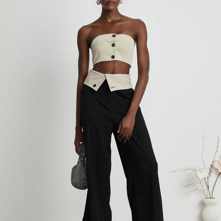 Silvestra Neutrals & Black Bustier Top Panelled Trousers Set 100% Polyester