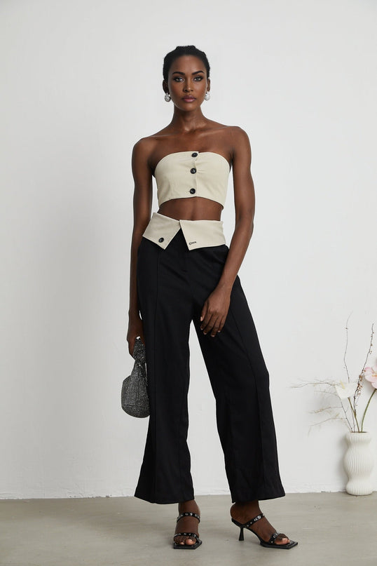 Silvestra Neutrals & Black Bustier Top Panelled Trousers Set 100% Polyester