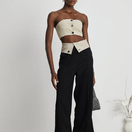 Silvestra Neutrals & Black Bustier Top Panelled Trousers Set 100 Percent Polyester