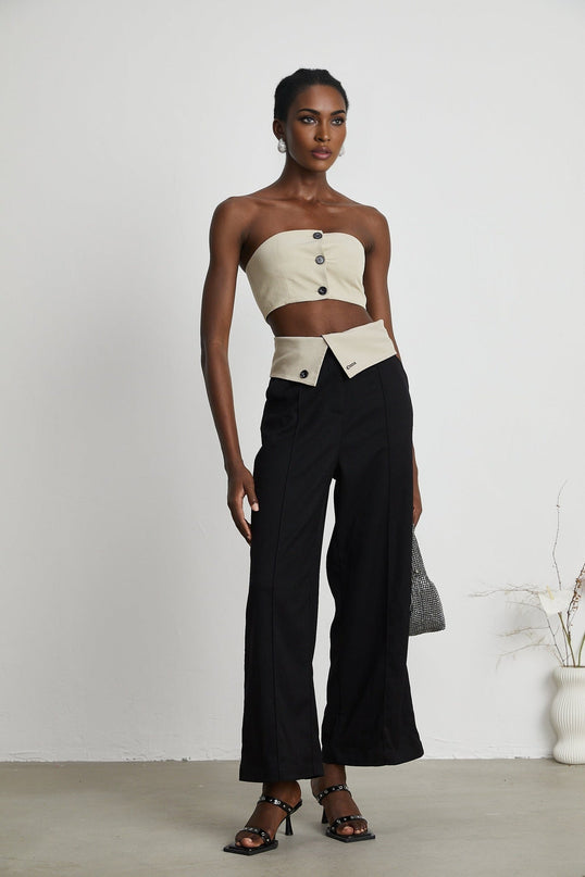 Silvestra Neutrals & Black Bustier Top Panelled Trousers Set 100 Percent Polyester