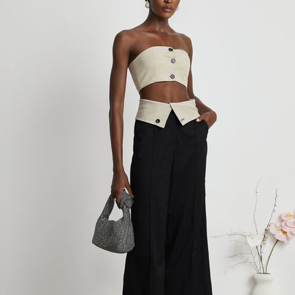 Silvestra Neutrals & Black Bustier Top Panelled Trousers Set