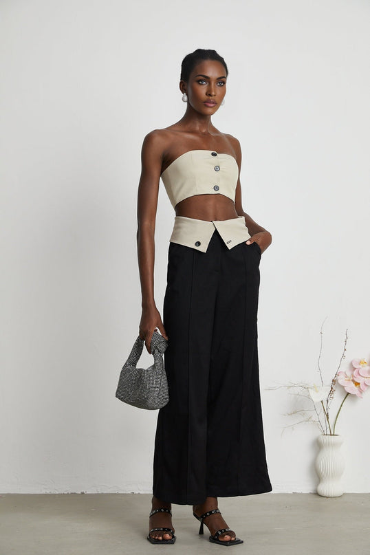 Silvestra Neutrals & Black Bustier Top Panelled Trousers Set