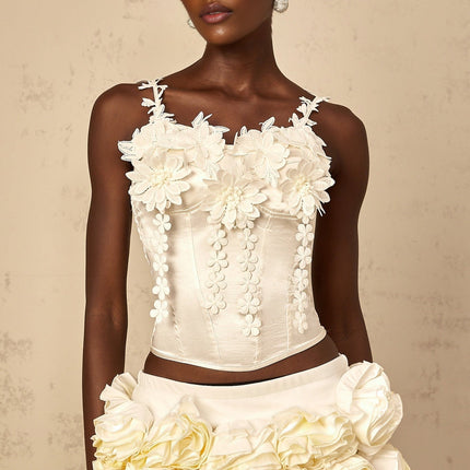 Silvestra White Cropped Top with Floral Embroidery and Corset Detailing