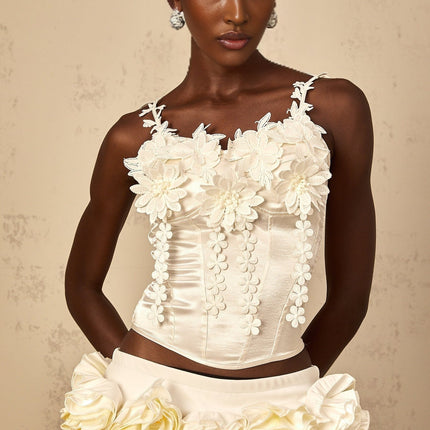 Silvestra White Cropped Top with Floral Embroidery and Corset Detailing