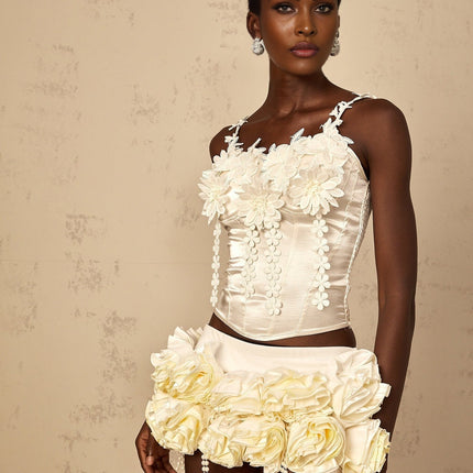 Silvestra White Cropped Top Floral Embroidery Corset Detailing Sweetheart Neckline Spaghetti Straps Smocked Panel Built-in Cups Bra Curved Hem Terylene Fiber High-Waisted Bottoms Elegance Femininity Collection