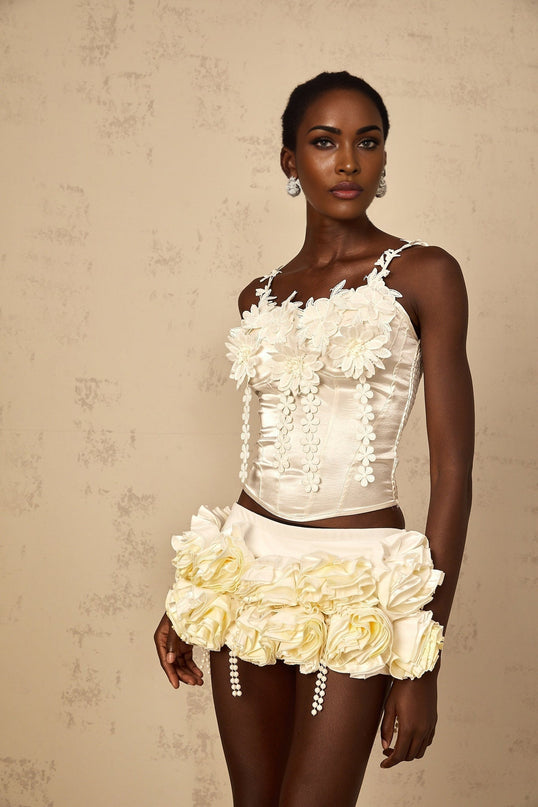 Silvestra White Cropped Top Floral Embroidery Corset Detailing Sweetheart Neckline Spaghetti Straps Smocked Panel Built-in Cups Bra Curved Hem Terylene Fiber High-Waisted Bottoms Elegance Femininity Collection