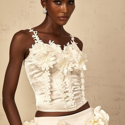 Silvestra White Cropped Top Floral Embroidery Corset Detailing Sweetheart Neckline Spaghetti Straps Smocked Panel Built-in Cups Bra Curved Hem Terylene Fiber High-Waisted Bottoms Elegance Femininity