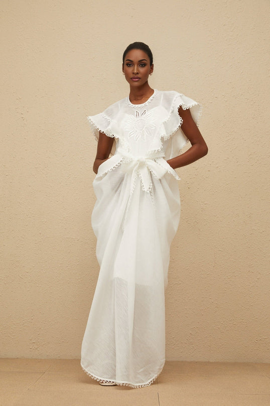 Silvestra White Maxi Dress with Floral Embroidery and Cut-Out Detailing
