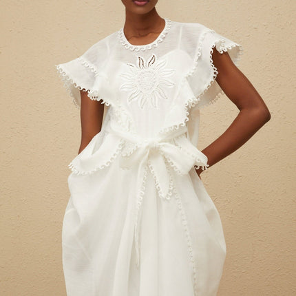 Silvestra White Maxi Dress with Floral Embroidery and Cut-Out Detailing