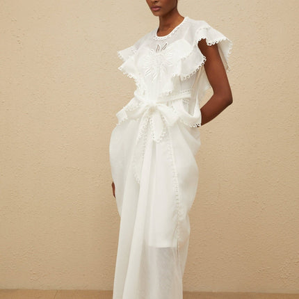 Silvestra White Maxi Dress Floral Embroidery Cut Out Detailing Cap Sleeves Cinched Waist Tie Detail 100% Cotton