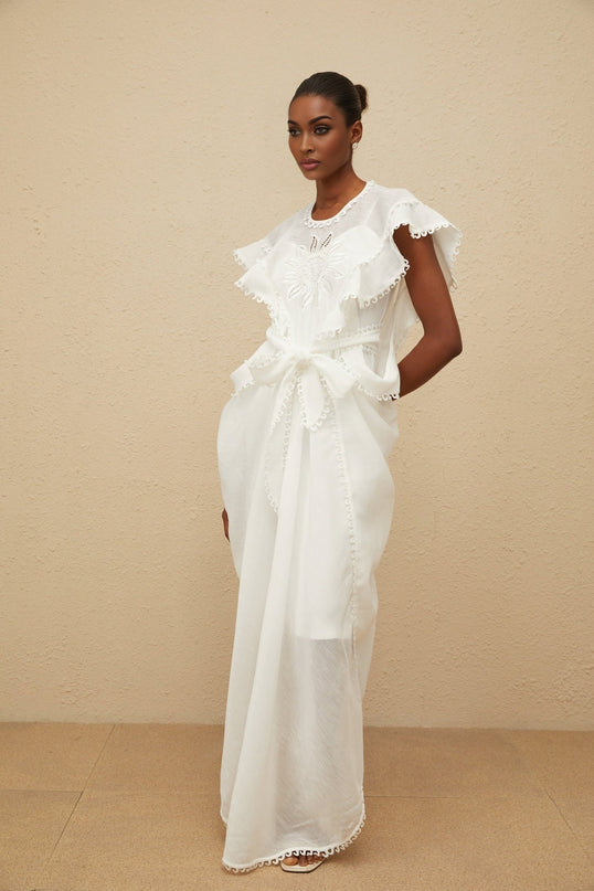 Silvestra White Maxi Dress Floral Embroidery Cut Out Detailing Cap Sleeves Cinched Waist Tie Detail 100% Cotton